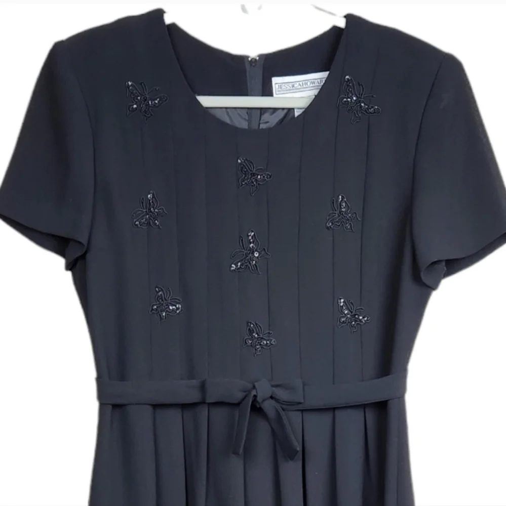 Jessica Howard Vintage Butterfly Embroidery Black Dress Women's Size 10